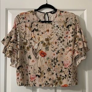 Zara Nude Floral Blouse Ruffle Sleeve Top Pink